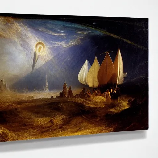 Image similar to a space expedition by william turner, by theodore gericault, by caspar david friedrich, oil painting, romantism, realism, limited palette