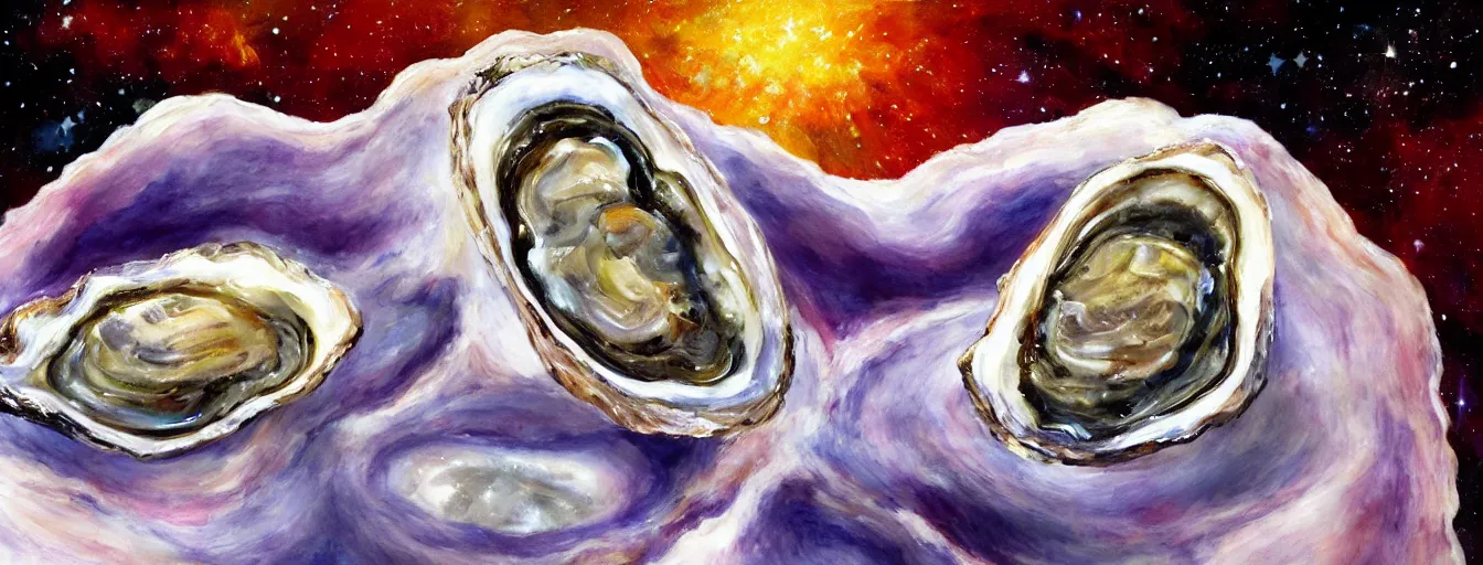 Image similar to Oyster with a star forming in it's core, floating in space, hyper realistic painting