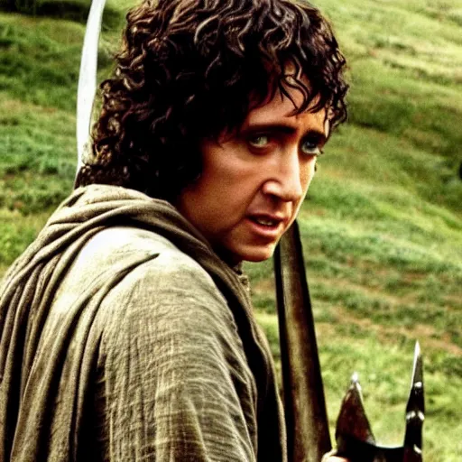 Image similar to nicolas cage as frodo in lord of the rings