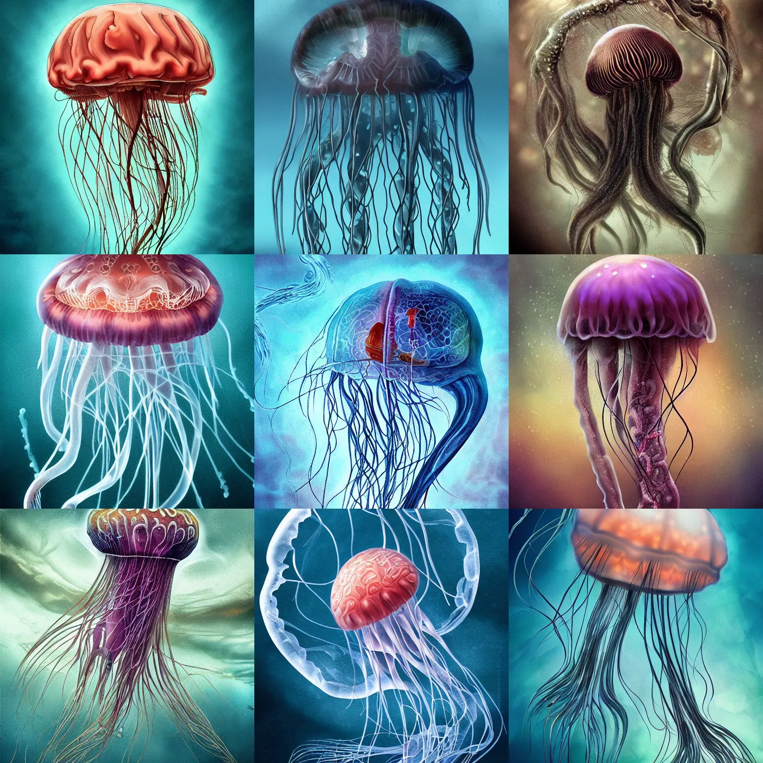 Prompt: jellyfish with an anatomical brain, beautiful, cinematic, hyper realistic, detailed, digital art, underwater, horror