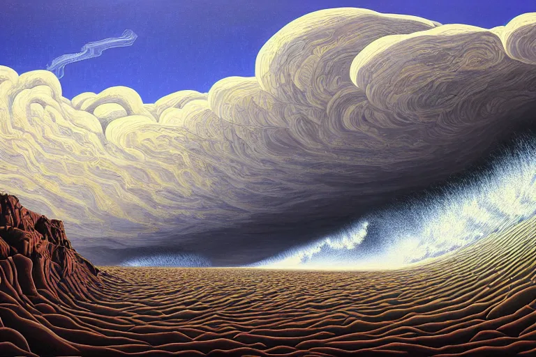 Image similar to the rains stopped and the ark comes to rest on mount ararat. incoming gigantic wave, by jeffrey smith, oil on canvas