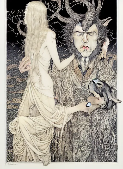 Image similar to boy, girl and a goat, by austin osman spare and Takato Yamamoto and Vania Zouravliov, high resolution