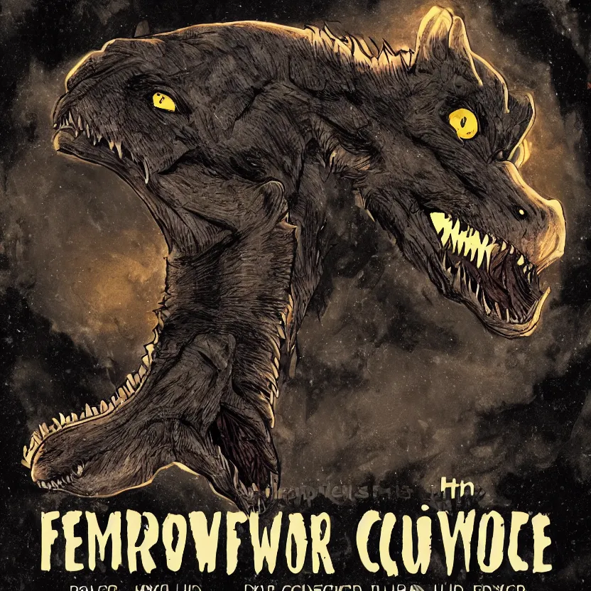 Prompt: werewolf dinosaur hyprid. pulp science fiction horror. dark background