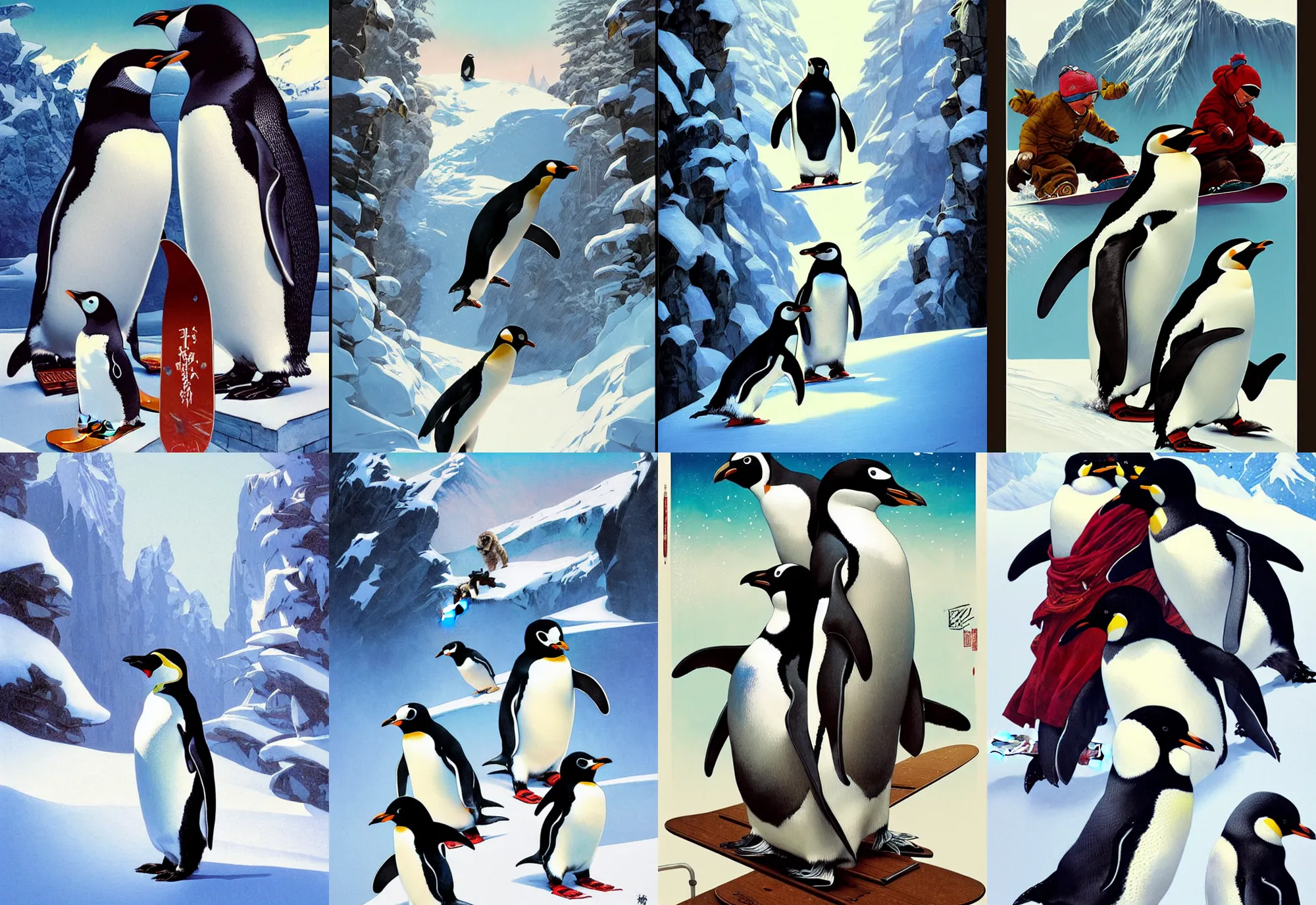 Prompt: movie poster, snowboarding penguins, painted by tsuyoshi nagano, greg rutkowski, artgerm, alphonse mucha