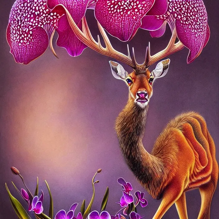 Image similar to extremely psychedelic animal made of orchid and cherry blossom tree and mushroom, elk, gazelle, LSD, diffuse lighting, fantasy, intricate, elegant, highly detailed, lifelike, photorealistic, digital painting, artstation, illustration, concept art, smooth, sharp focus, art by John Collier and Albert Aublet and Krenz Cushart and Artem Demura and Alphonse Mucha