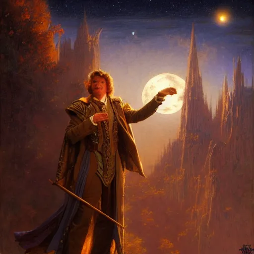 Image similar to attractive male wizard magically floating high in the night sky, fantasy, full moon in background. highly detailed painting by gaston bussiere, craig mullins, j. c. leyendecker, mid shot, 8 k