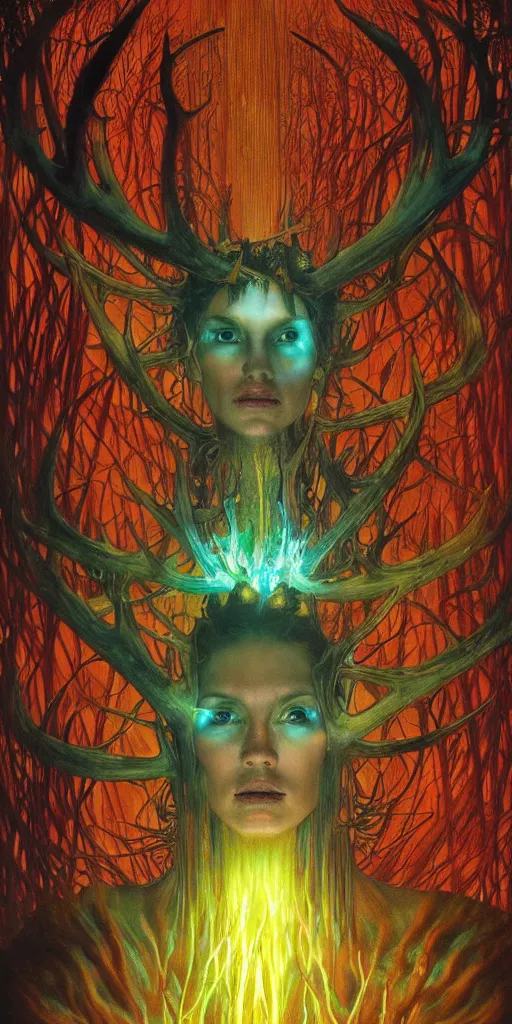 Image similar to intense glowing pagan god with antlers and veins and intense glowing eyes in very dark forest by karol bak and beksinski and alphonse mucha, portrait, fantasy, clear, light beams, lens flare, intense, uhd, red and teal and yellow, amazing depth, cinematic lighting