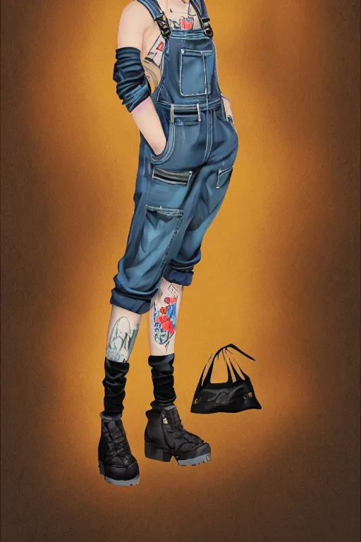 Prompt: a full body portrait beautiful androgynous punk girl with short hair who is a mechanic wearing overalls with a utility bag, digital illustration, digital concept art, digital painting, ornate decorative background, trending on artstation