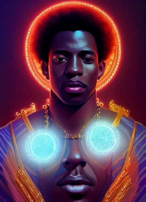 Prompt: portrait of young black man with glowing jewels, afro - futurist style, intricate, elegant, glowing lights, highly detailed, digital painting, artstation, concept art, smooth, sharp focus, illustration, art by wlop, mars ravelo and greg rutkowski