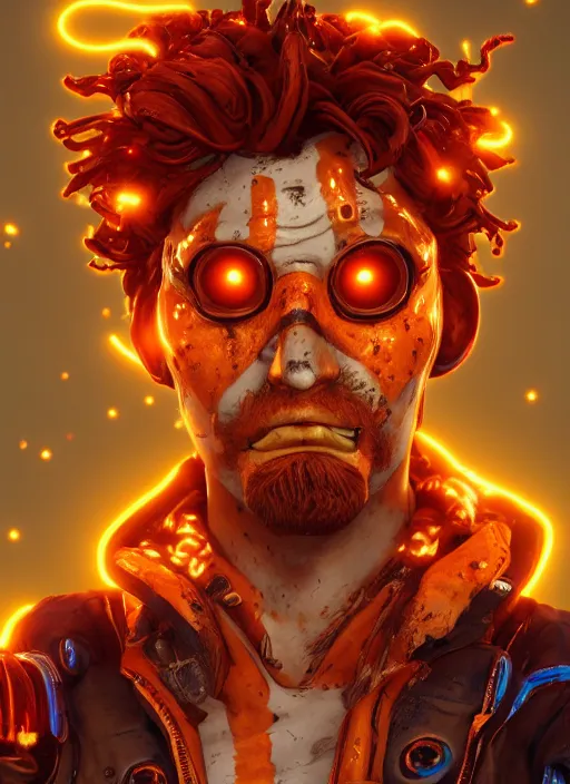 Image similar to glowwave portrait of curly orange hair man from borderlands 3, au naturel, hyper detailed, digital art, trending in artstation, cinematic lighting, studio quality, smooth render, unreal engine 5 rendered, octane rendered, art style by klimt and nixeu and ian sprigger and wlop and krenz cushart.