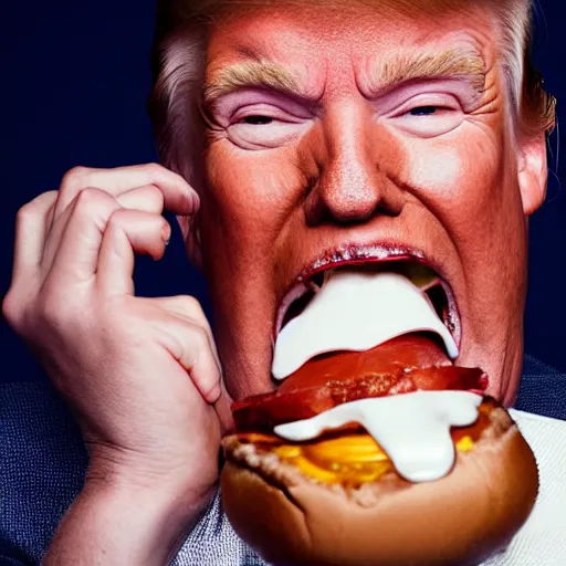 Prompt: macro photo still of donald trump! licking! a burger with his! tongue! out, mmmmm, studio portrait photo, studio lighting, rim light, key light, food photography, 3 5 mm f 1. 8