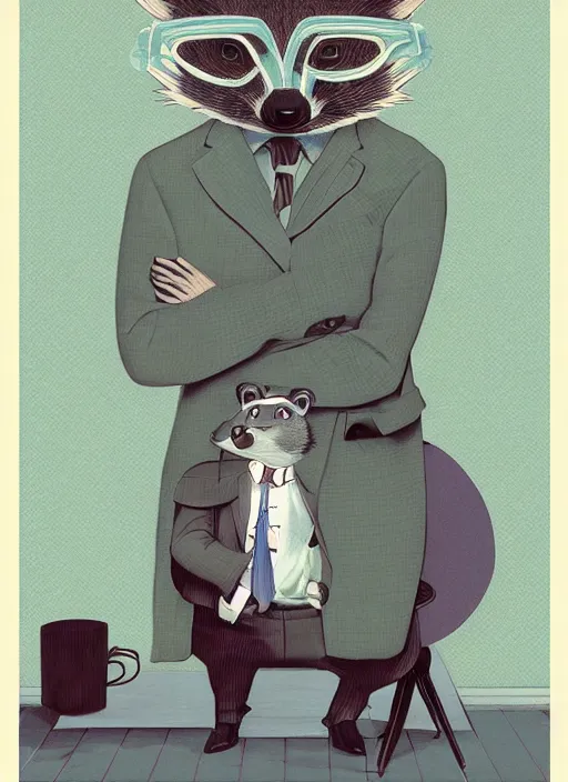 Prompt: a surreal illustration portrait of an anthropomorphic raccoon accountant, by victo ngai, by stephen gammell, by george ault, in the style of animal crossing, artstation