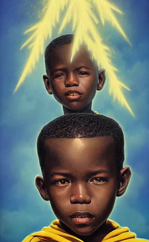 Image similar to upper half portrait of an african boy - in yellow cape - inside puffy clouds - surrounded by bolts of lightning - rays of light emanating from clouds - in drew struzan movie poster style, art by drew struzan & hsiao - ron cheng, highly detailed, digital painting, ray tracing, illustration, smooth, sharp focus, intricate, symmetry, artstation,