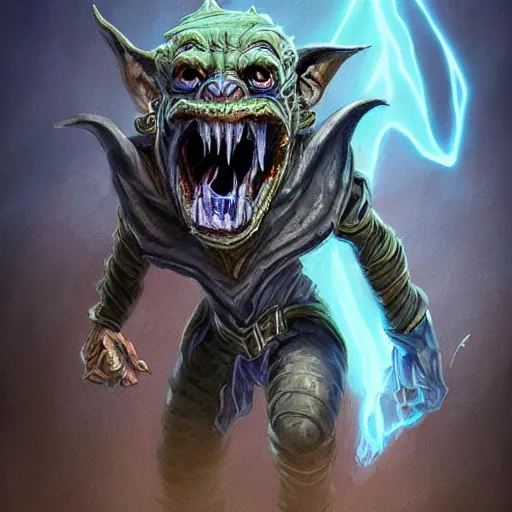 Prompt: a highly detailed goblin with grey skin and blue eyes that glow, with a tornado in his hand, like magic the gathering, goblin chainwalker, digital art, by christopher rush