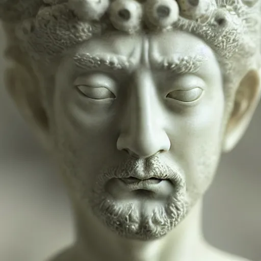 Image similar to a single close up photo - real delicate ceramic porcelain sculpture of a god in front of an intricate background by gustac klimt and victo ngai and takato yamamoto, micro detail, backlit lighting, face in focus, subsurface scattering, translucent, thin porcelain, octane renderer, colorful, physically based rendering, japanese pottery, trending on cgsociety