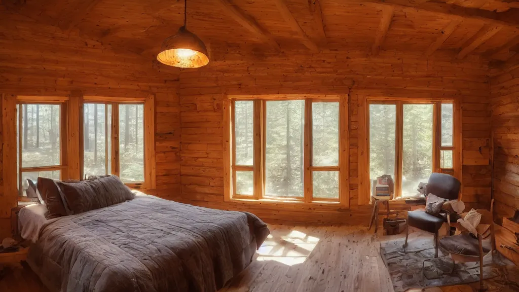 Prompt: a room inside an old wooden cabin with volumetric light coming in from the windows.