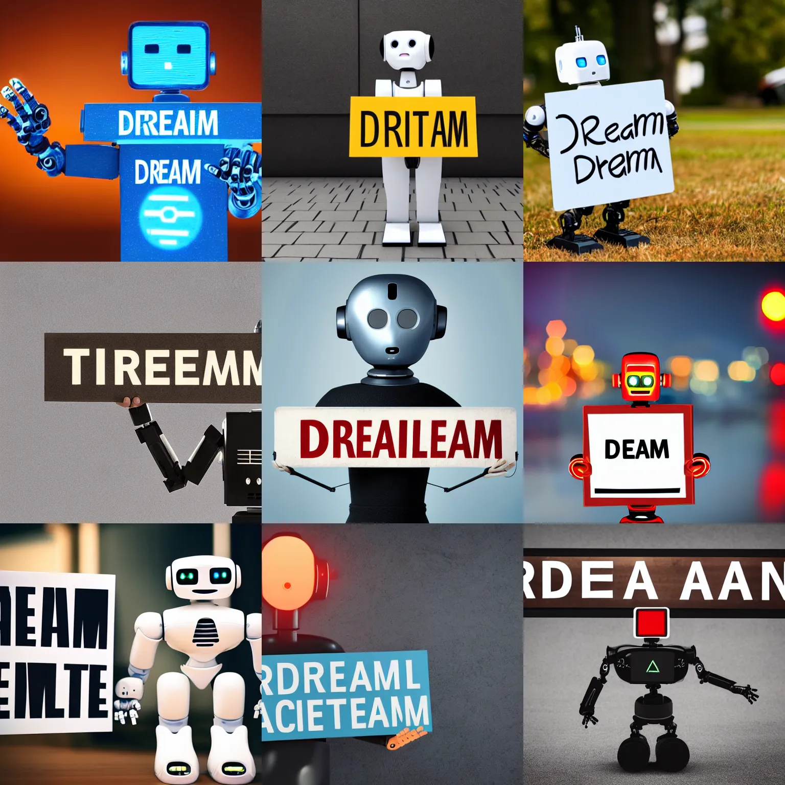 Image similar to artificial intelligence robot holding a sign with text that reads : dream