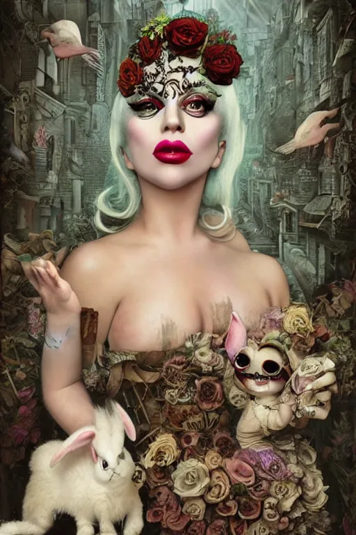 Prompt: lady gaga with bunny, lowbrow, matte painting, 3 d highly detailed, in the style of mark ryden