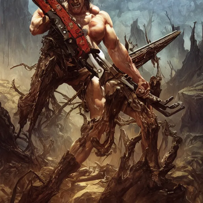 Prompt: The evil dead, manowar album cover, Muscular man, chainsaw attached to hand, short double barrel shotgun. dead demons, blood, artstation, concept art, smooth, sharp focus, highly detailed, illustration, art by artgerm and greg rutkowski and alphonse mucha