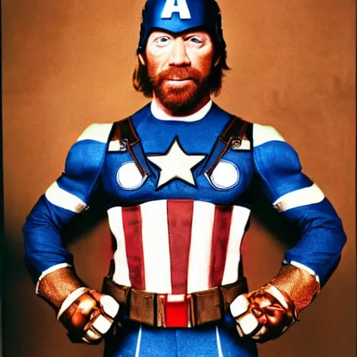 Prompt: uhd candid photo of chuck norris dressed as captain america, wearing extremely intricate costume. photo by annie leibovitz