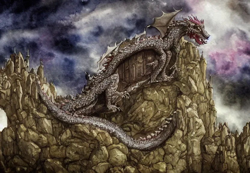 Image similar to possum dragon at a medieval castle under a dark starred sky, dark fantasy, watercolor, dreaming illusion, highly detailed, 4k, trending on Artstation, award-winning