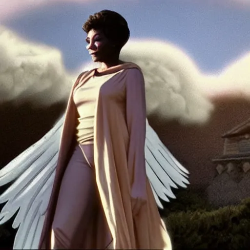 Prompt: nichelle nichols as a heavenly angel in cloud heaven meeting with god photorealistic fantasy epic