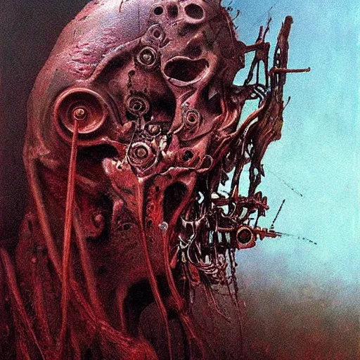 Prompt: horrific human cyborg, beksinski style painting, dark, scary, highly detailed