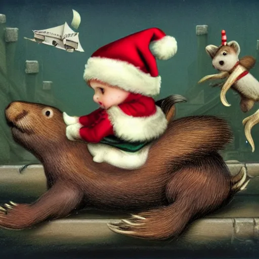 Prompt: Two of Santa's little helpers riding on the back of a beaver in the sewers, illustrator by Mark ryden