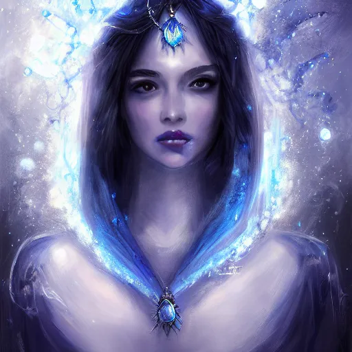 Image similar to masterpiece portrait of an aesthetic beautiful mage woman, ice spell, 3 0 years old woman, thin face, black dynamic hair, wearing silver diadem with blue gems inlays, silver necklace, painting by wlop, atmospheric effects, chaotic blue sparks dynamics in the background, intricate, artstation, fantasy