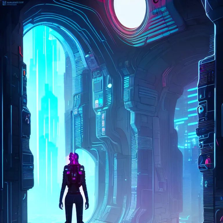 Image similar to a person standing in front of a portal, cyberpunk, epic surrealism, detailed digital matte painting in the style of josan gonzalez, artstation, psychedelic