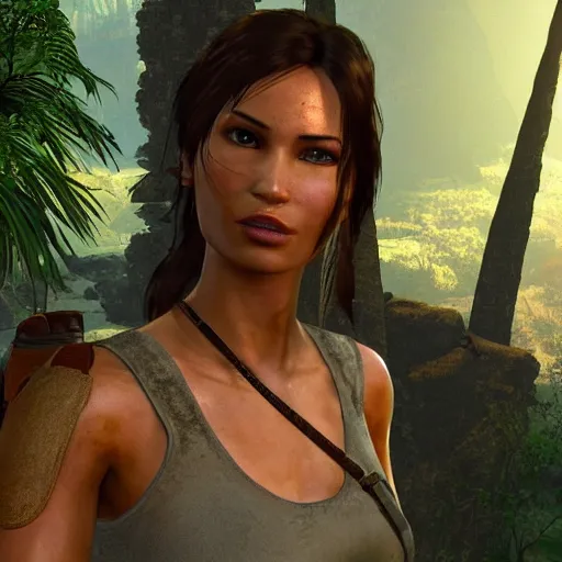 Prompt: lara croft wearing batik, looking content, golden hour, shy