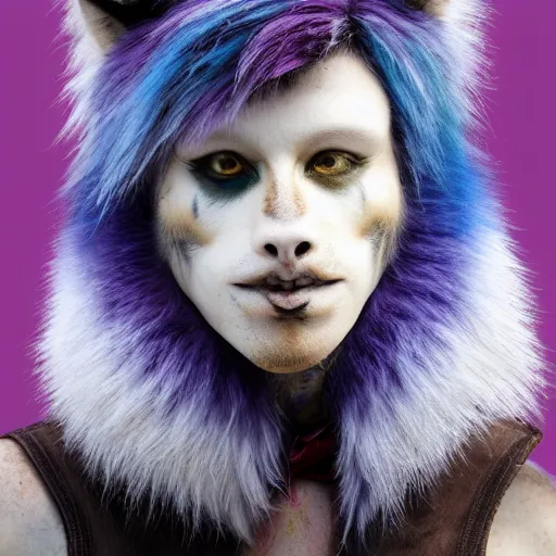 Image similar to androgynous werewolf with dyed fur, pride month, gender non - conforming, tamed, sweet, loyal, trustworthy