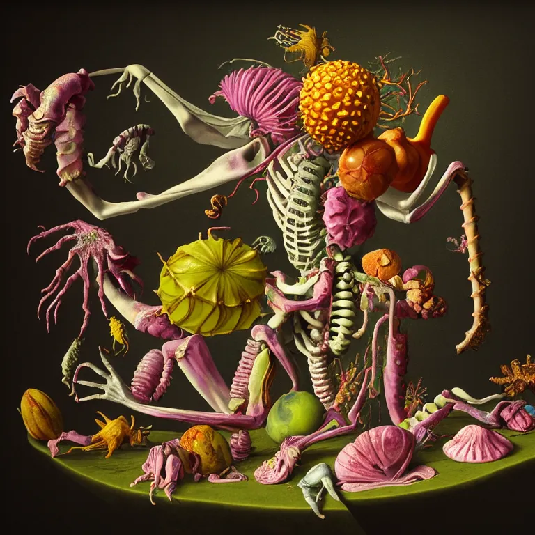 Prompt: still life of surreal alien pastel tropical flowers, rotten moldy colorful mold, dripping pastel paint, surreal alien ribbed tropical fruit, white human spine, ribs, muscle tissues, baroque painting, beautiful detailed intricate insanely detailed octane render, 8K artistic photography, photorealistic, chiaroscuro, Raphael, Caravaggio