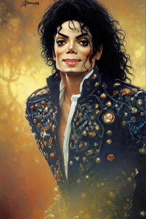 Image similar to michael jackson 1 9 8 3 portrait, fantasy, regal, intricate, by stanley artgerm lau, greg rutkowski, thomas kindkade, alphonse mucha, loish, norman rockwell