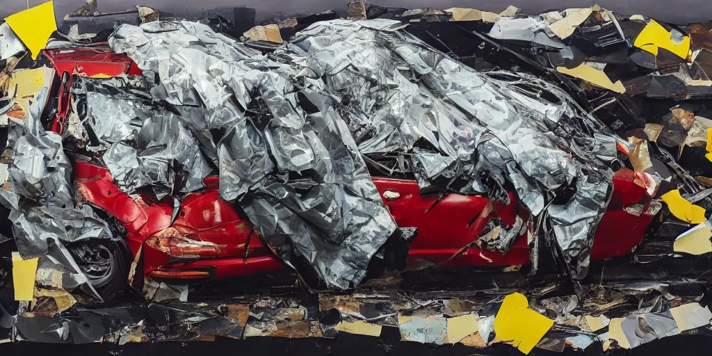 Prompt: car crash test, collage paper and tape, acrylic on canvas, hyperrealism mixed with expressionism, high resolution, cinematic, unreal 6 breathtaking detailed, by blake neubert