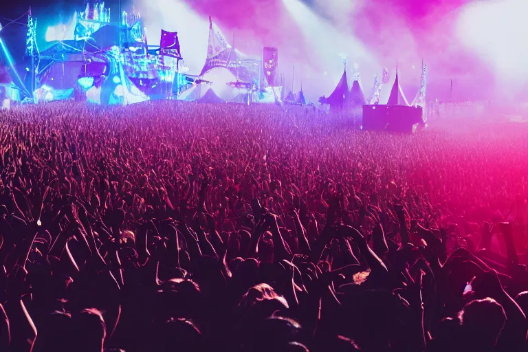 Prompt: a huge crowd partying with their hands up at a festival, silhouette, digital art, trending on artstation, 4k, unreal engine, intricate, ornate