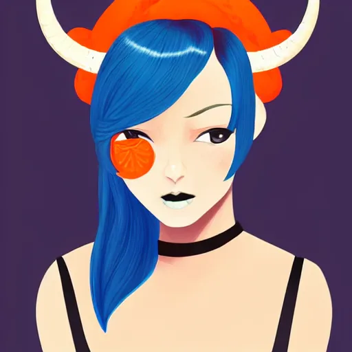 Image similar to illustrated portrait of ram-horned devil woman with blue bob hairstyle and her tangerine colored skin and with solid black eyes wearing leather by rossdraws