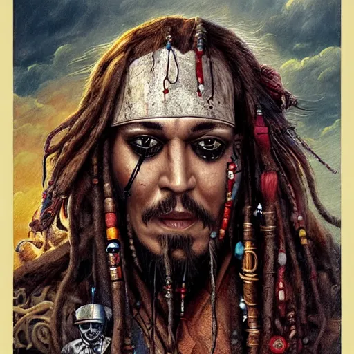 Prompt: a hyperrealistic illustration of Captain Jack Sparrow as Davy Jones, Pirates of the Caribbean Ship with fractal sunlight, award-winning, masterpiece, in the style of Tom Bagshaw, Cedric Peyravernay, Peter Mohrbacher