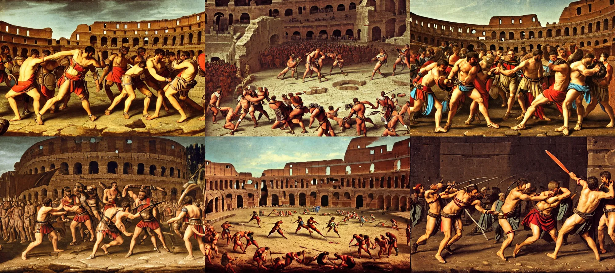 Image similar to Gladiators fighting in a roman colosseum