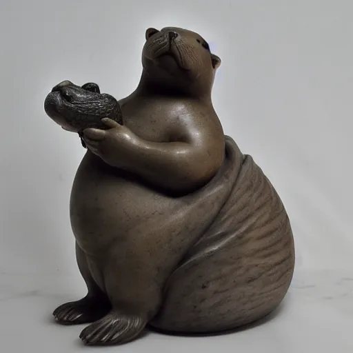 Prompt: a marble renaissance statue of a chubby otter carrying a bag of groceries