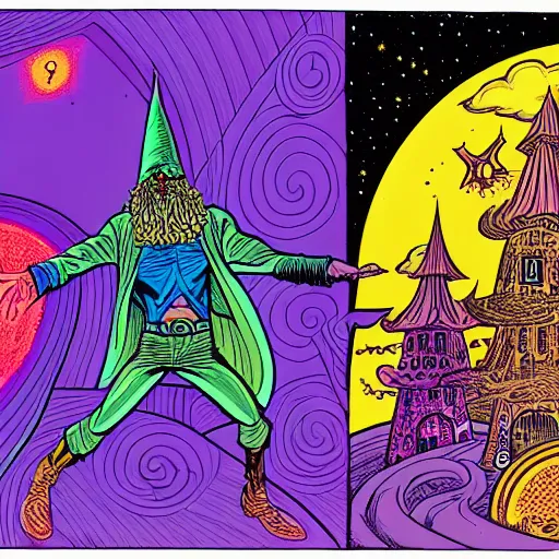 Prompt: a psychedelic wizard with time magic, highly detailed comic art by paul kirchner, 8 k