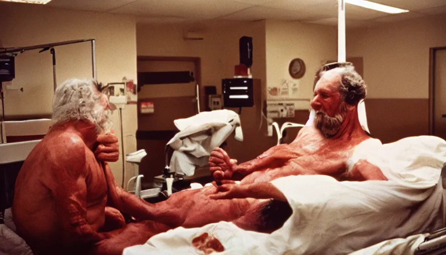 Image similar to 7 0 s movie still of a old meat man in the hospital, cinestill 8 0 0 t 3 5 mm eastmancolor, heavy grain, high quality, high detail