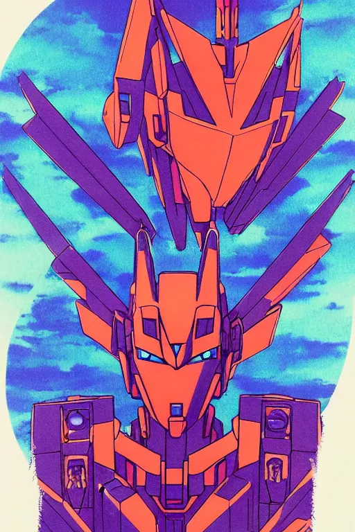 Prompt: risograph grainy painting of gigantic huge evangelion - like gundam mech face, with huge earrings and rings around head with a lot of details, covered with rich jewelry, blue hour, twilight, by moebius and dirk dzimirsky and satisho kon, close - up wide portrait