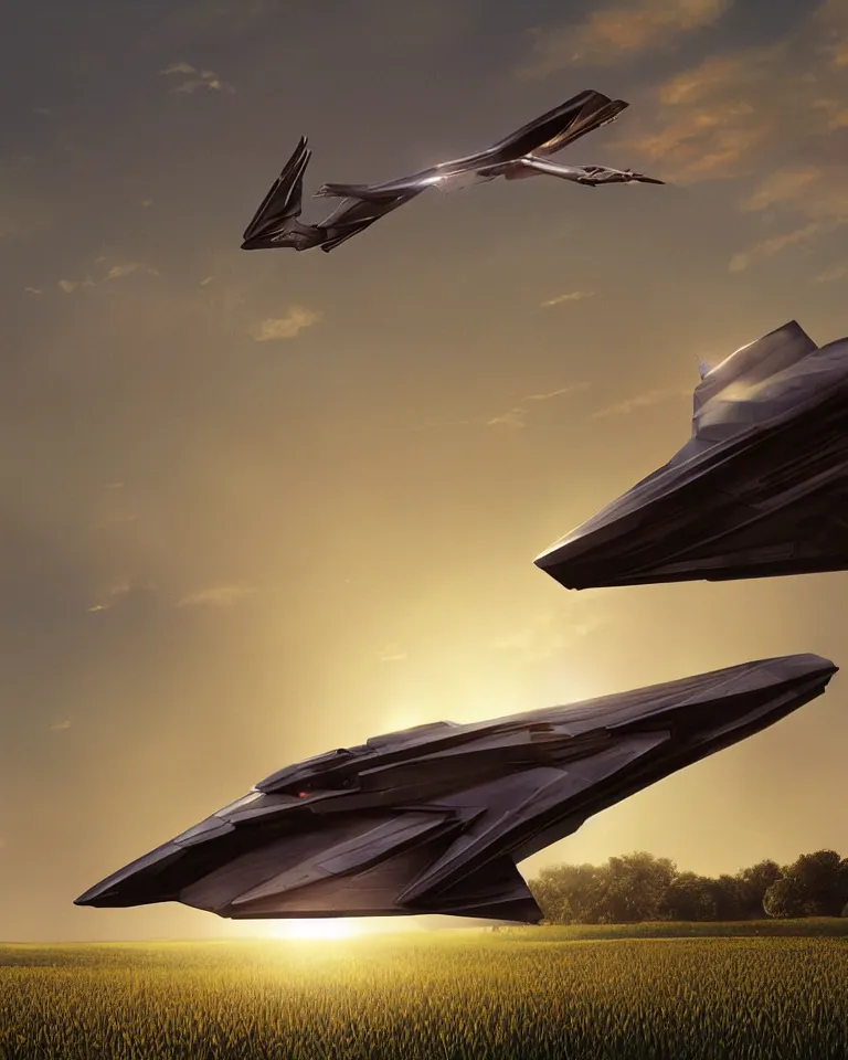 Prompt: wide shot of a tall and thin greebled sharp angled spaceship hovering in the air 6 feet above a cornfield, late afternoon, golden hour, dramatic lighting, cinematic, highly detailed, smooth, sharp focus, concept art by greg rutkowski and artgerm and syd mead