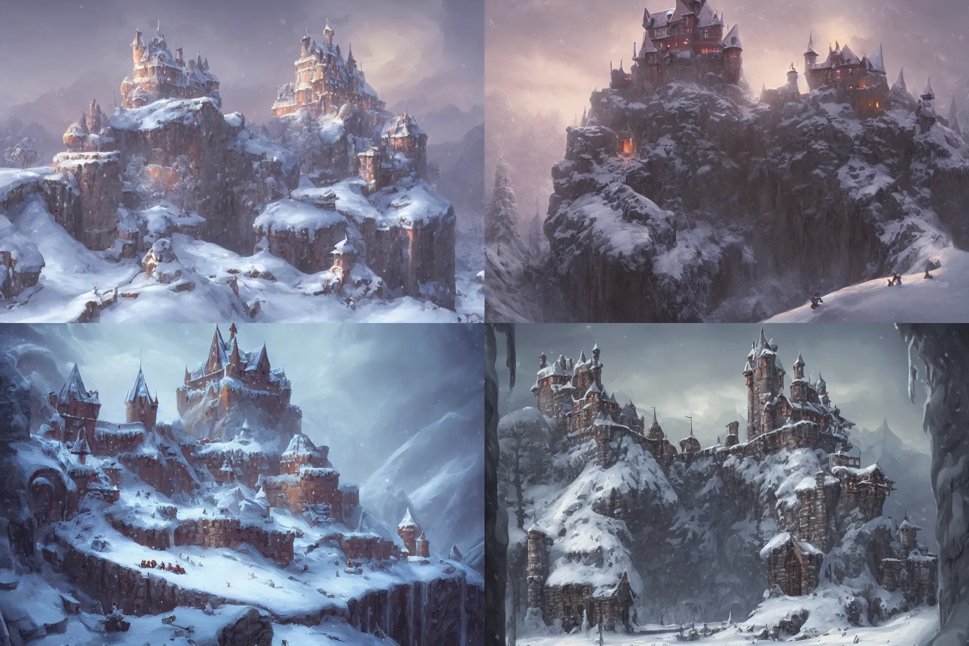 Prompt: a painting of a castle in the middle of a snowy mountain, a detailed matte painting by andreas rocha, featured on artstation, fantasy art, matte drawing, matte painting, artstation hq