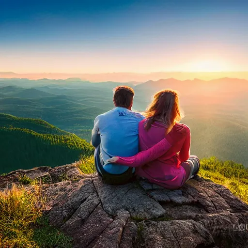 Image similar to a happy couple sitting on a mountain watching the sun rise, photograph, realistic, hdr