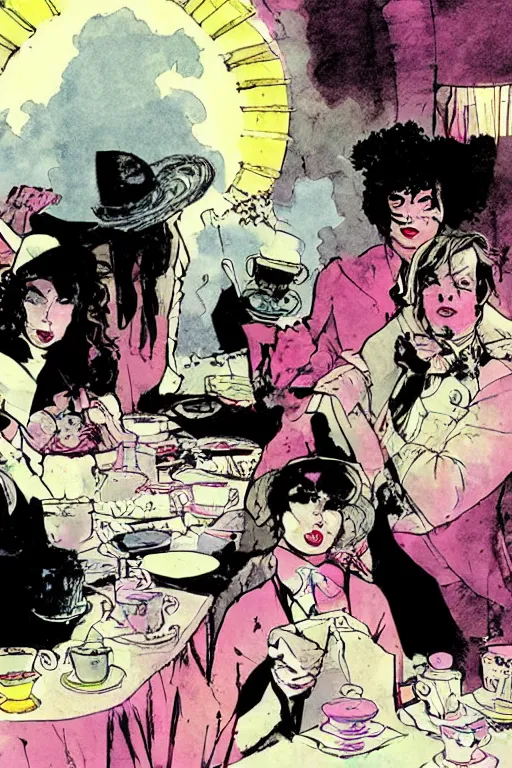 Image similar to a tea party in the clouds, graphic novel, high contrast, by bill sienkiewicz