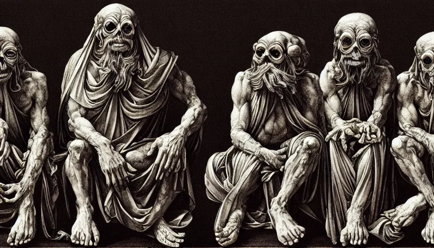 Prompt: highly detailed three wise dark rotting god sit on the trons, see no evil, hear no evil, speak no evil, anime, night, death, fear, horror, religion, monochrome, by caravaggio, hyperrealism, detailed and intricate environment