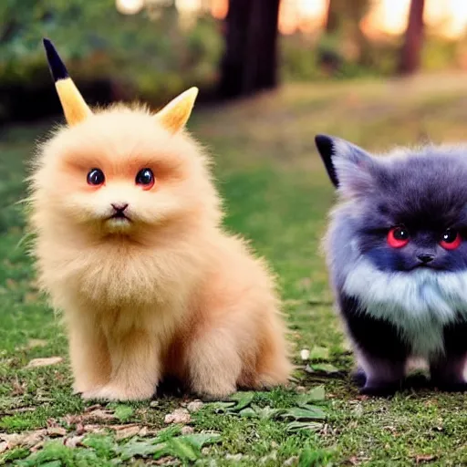 Image similar to real life pokemons, cute!!!, content!!!, mischievous!!!, adorable!!!, little furballs, fluffy!!!, ultra realistic!!!, golden hour, golden ratiosharp focus