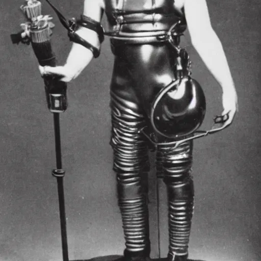 Prompt: early diving suit with copper helmet diver holding a stratocaster electric guitar. old diving suit pictures